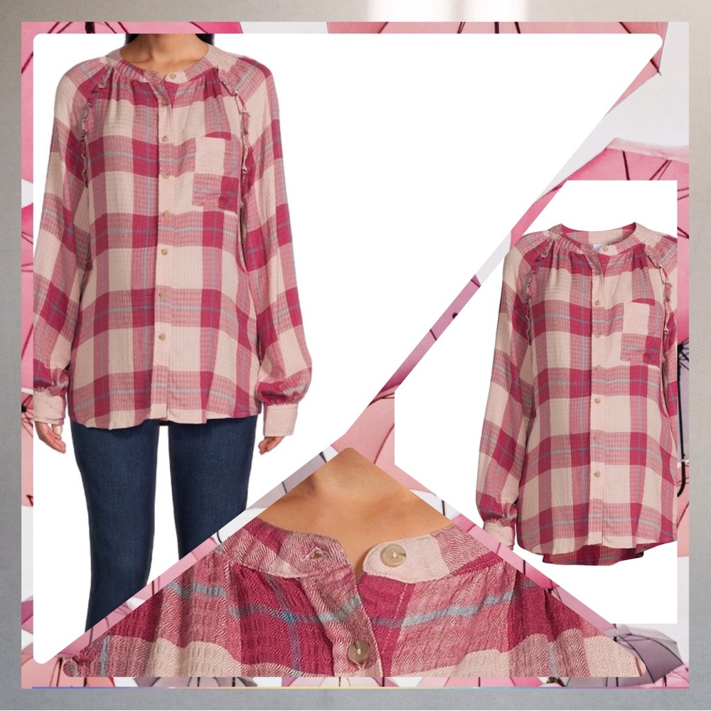 M- XXL Time and Tru Pink Women's Maternity Button Front Shirt with Long Sleeves
